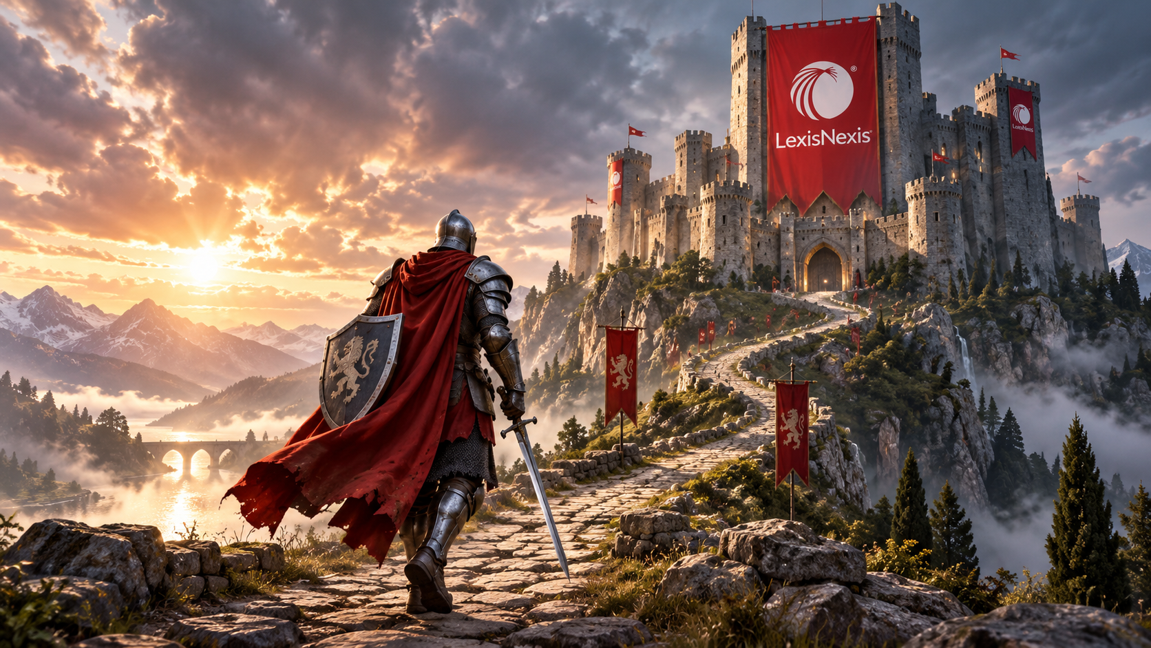 A knight approaching a castle flying LexisNexis banners